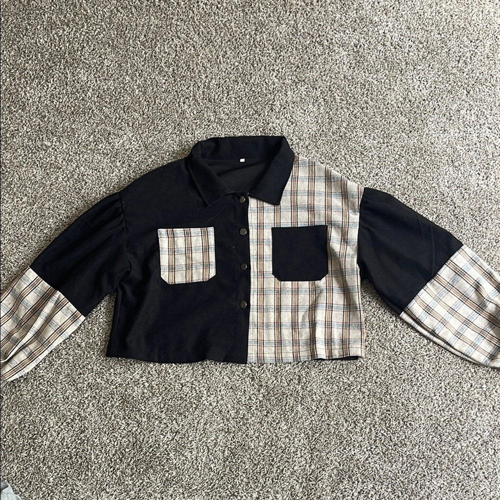 Women’s Cropped Plaid Black and Tan Button Up Shirt